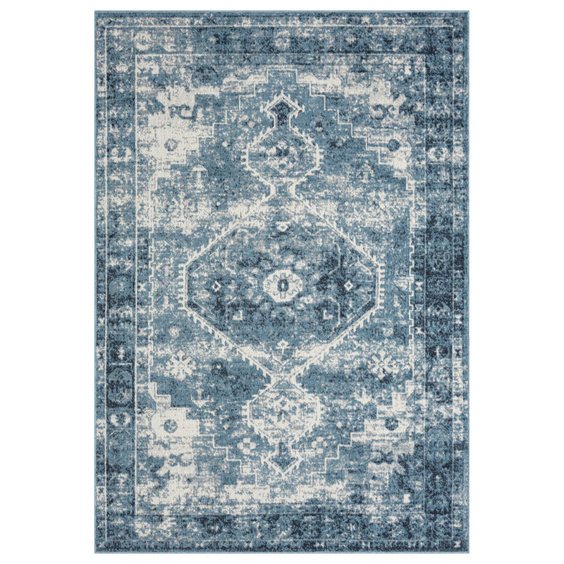 Blue/Ivory Classic Oriental Medallion Machine Washable Rug, Rectangle 5' x 7'