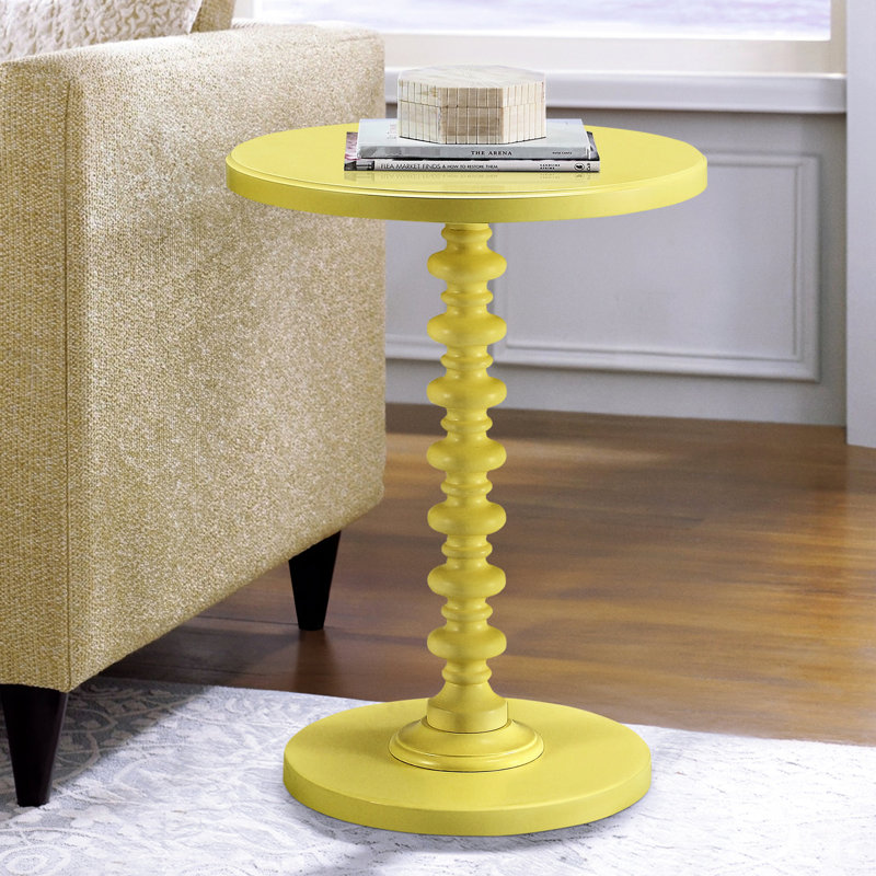Yellow Wooden Side Table With Graceful Wood Pedestal Elegant For Room, Yellow