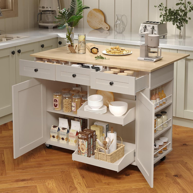 Îlot de cuisine roulant 47,2 po avec rallonge, station de charge et rangement, blanc, Gris