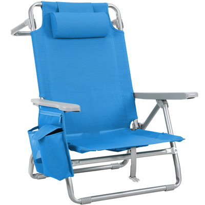 Large fauteuil de plage à dossier bas de 25 po avec poignée à plat à 5 positions et poignée en métal, chaise de plage pliante en textilène pour adultes avec sac isotherme, sac de rangement, barre à serviettes, tapis de pied, pour le camping, 350 lb (bleu foncé)