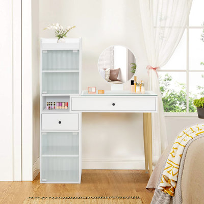 Glass Top White Makeup Vanity Desk with Mirror, Dressing Table with Cabinet with Doors