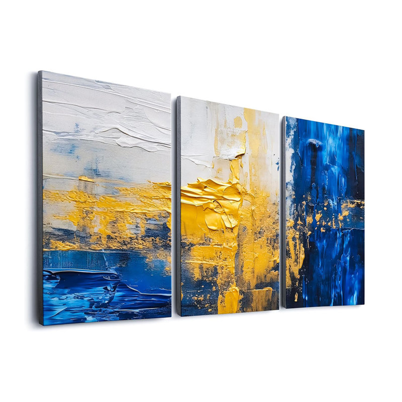 Blue and Gold Canvas Wall Art Abstract Navy Blue Framed Wall Decor Marble Textured Modern Grey Art Work Paintings Set of 3 Pieces Yellow Pictures for Living Room Bedroom Office - 12'' x 16''
