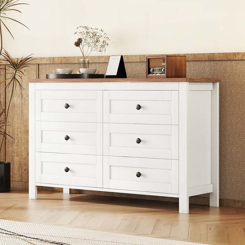 Commode 6 tiroirs en bois, Blanc / Brun