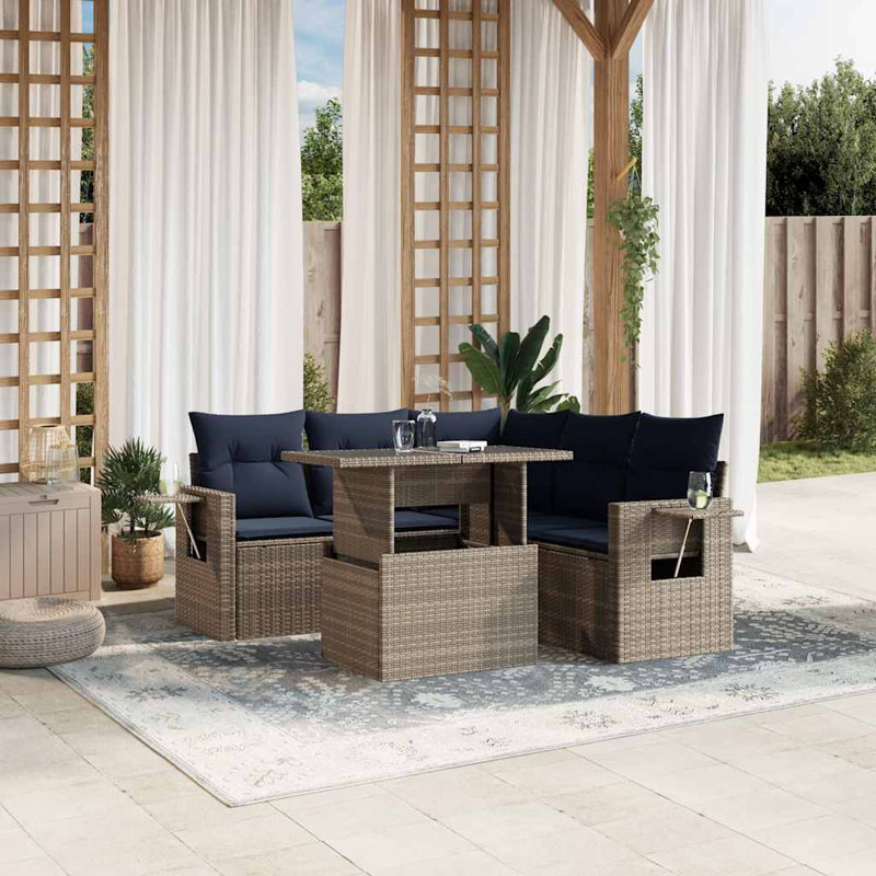 Ensemble de canapé de patio 6 pièces avec coussins en rotin de polyester, Gris, Marine