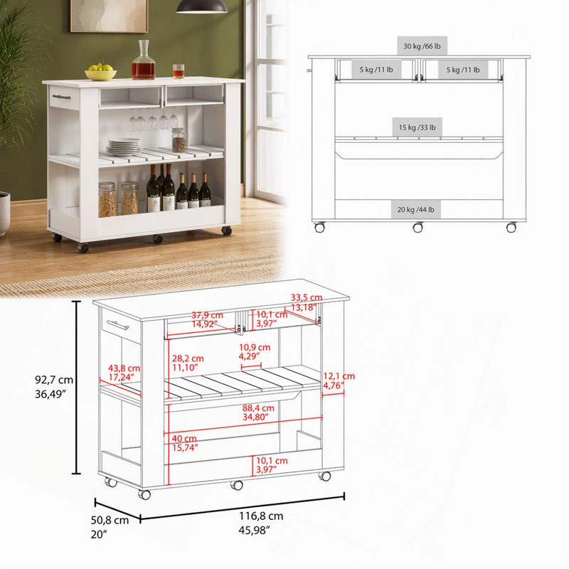 Îlot de cuisine avec rangement ouvert et 3 tablettes