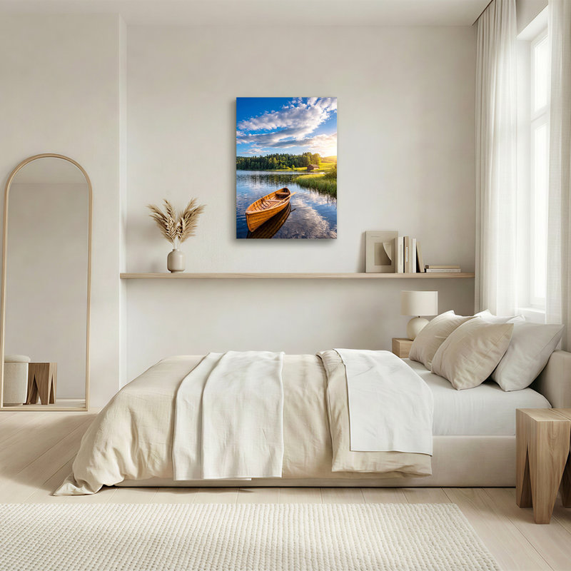 Toile en bois sur un lac avec forêt de pins et nuages, art mural sur toile, H 48 po x l 32 po