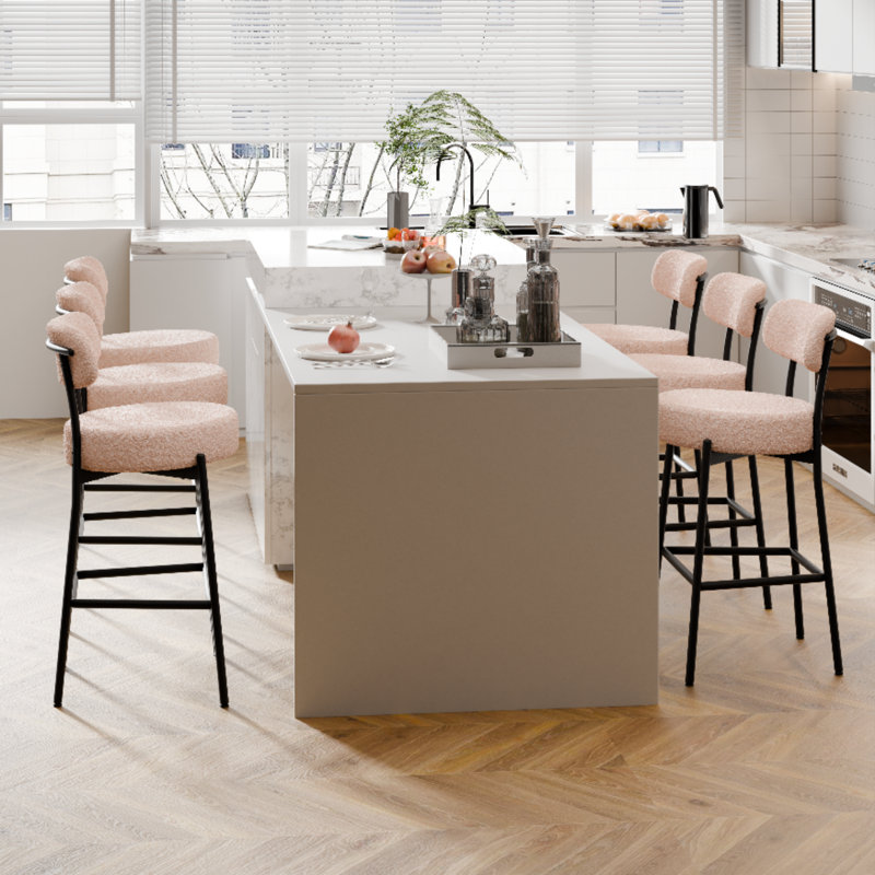 Sherpa Counter Height Bar Stools Set of 3 Modern Upholstered Barstools with Curved Open Back/Round Seat Boucle Comfortable Bar Chairs for Kitchen Island, 24.6 Inch
