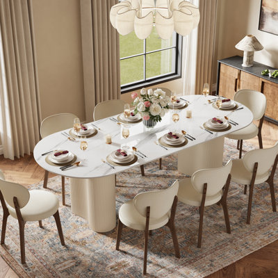 Jamani 71" Modern Oval Dining Table for 6, Glossy White Sintered Stone table top, Solid Wood Legs