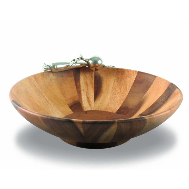 Acacia Wood Round Salad Bowl with Pewter Accents