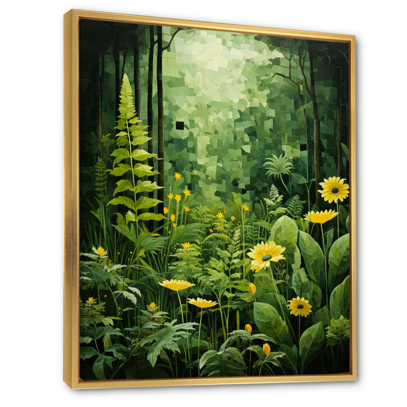 Plantes vertes Reverie Patchwork I - art mural floral salon, H 44 po x l 34 po x P 1,5 po, Cadre flottant doré