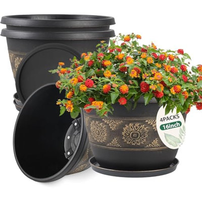 Jardinières d'extérieur de 40 cm (16 pouces), ensemble de 4, motif floral rétro doré