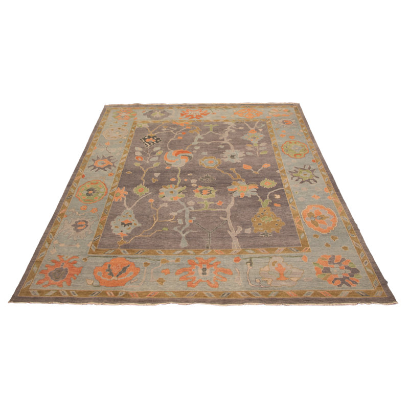 Tapis moderne en laine noué à la main gris Oushak 11 pi 10 po x 14 pi 10 po