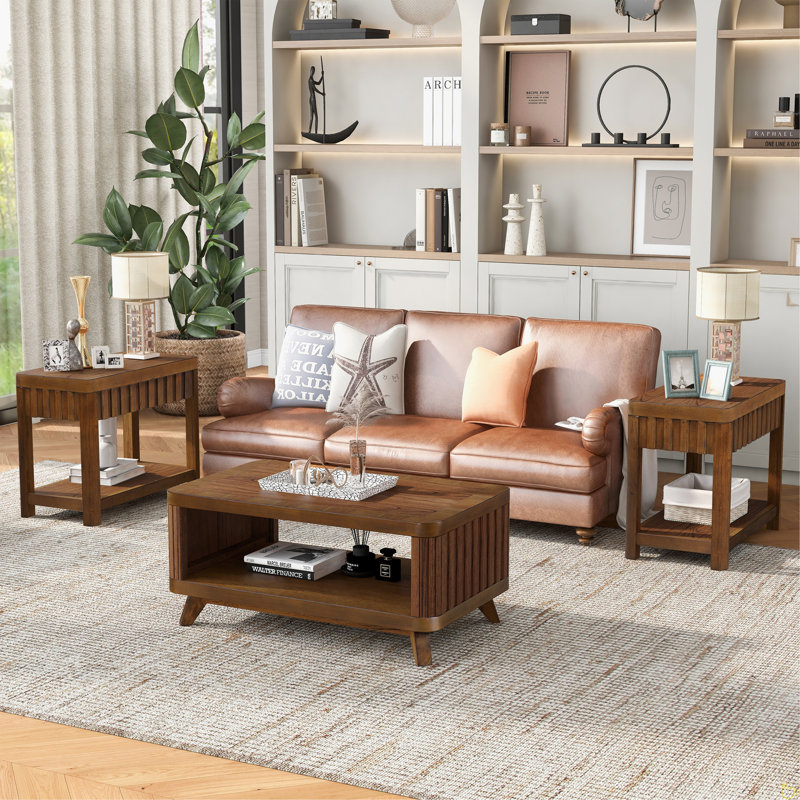 Rectangular End Table With Storage Shelf, Sofa Side Table With Solid Wood Legs