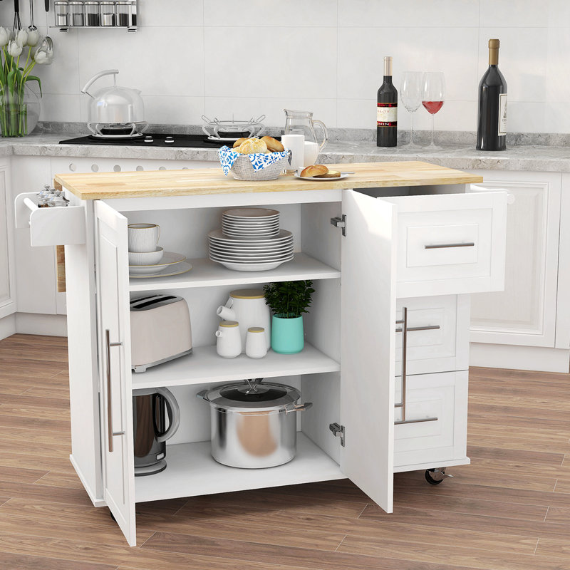 Îlot de cuisine avec porte-épices, porte-serviettes et table extensible en bois massif