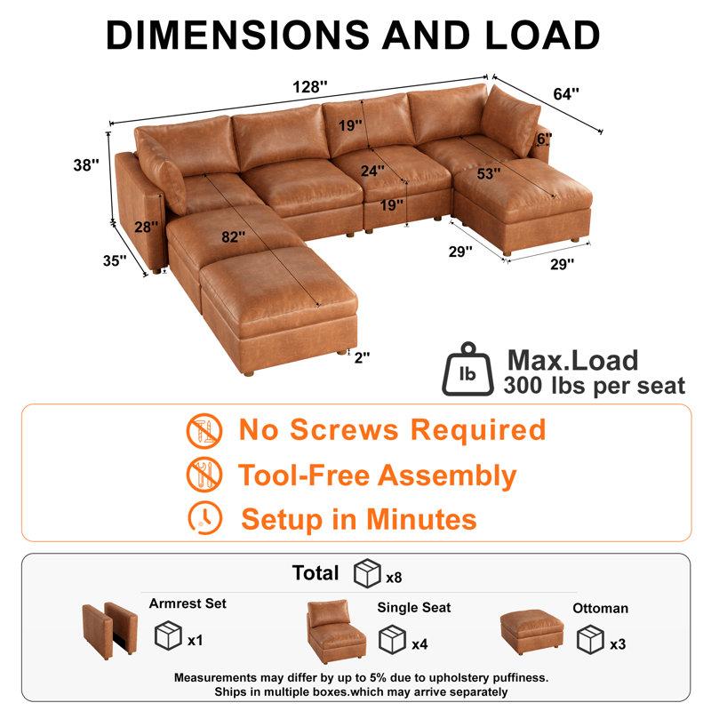 Canapé modulaire rembourré en cuir 128 po avec rangement caché, CAMEL, 4Seaters-3