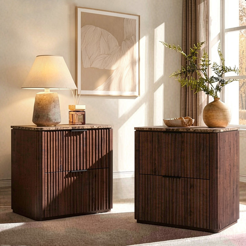 23"W Nightstands with 2-drawer, Nightstand with 3-sided Fluted Panels and Faux Marble Top