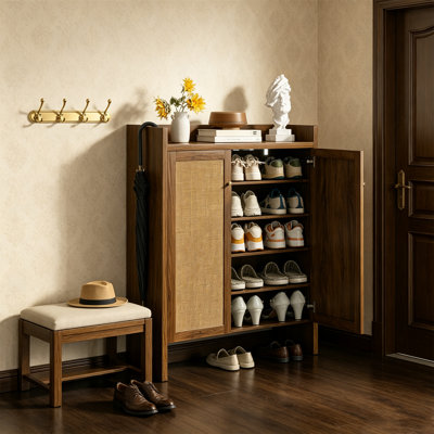 42 Inch Height 6-tier Natural Rattan Shoe Cabinet With Adjustable Shelves, Freestanding Hidden Slim Shoe Organizer, Space-saving Narrow Storage Cabinet For Entryway Hallway Home