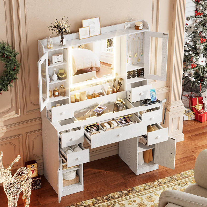 Makeup Vanity Desk With Mirror And Lights, Makeup Vanity Table With Glass Top, 7 Drawers, 2 Storage Cabinet, 2 Glass Cabinet, Charging Station