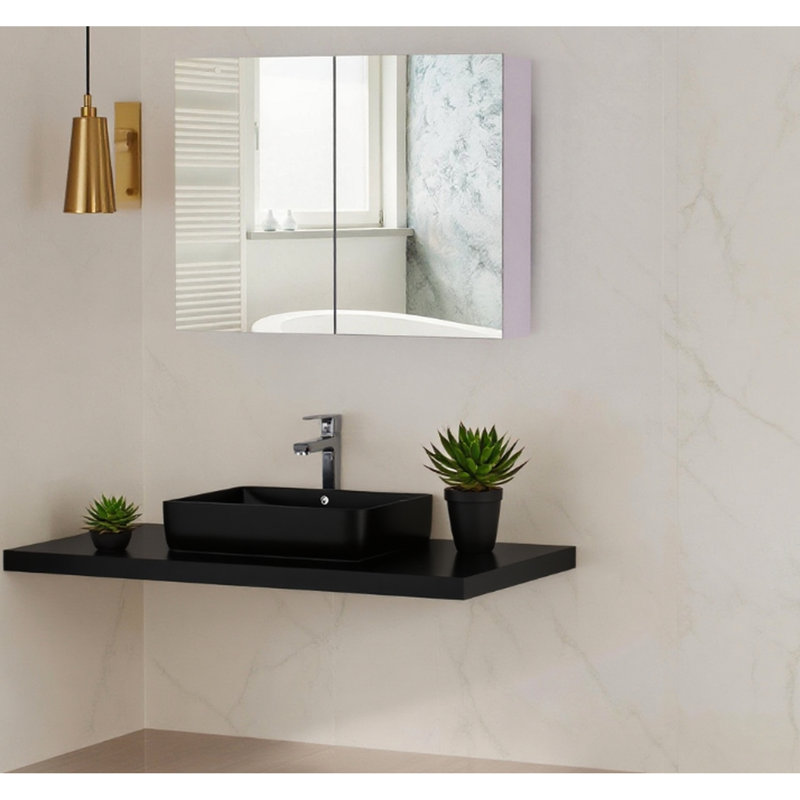 Miroir mural de salle de bain à double porte avec construction, l 31,5 po x P 6 po, H 23,5 po, blanc, planche d'ingénierie en bois et tablette inférieure pour le rangement, blanc