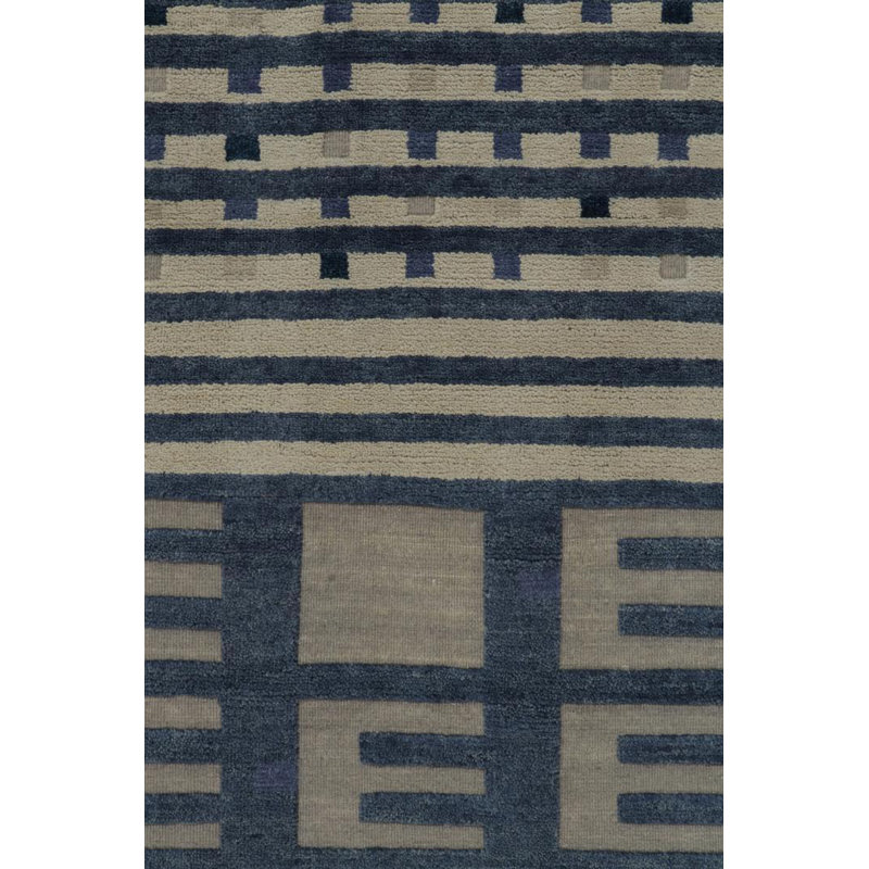 Rug & Kilim’S Swedish Rug In Blue & Grey High-Low Geometric Patterns, Rectangle 9' x 12'