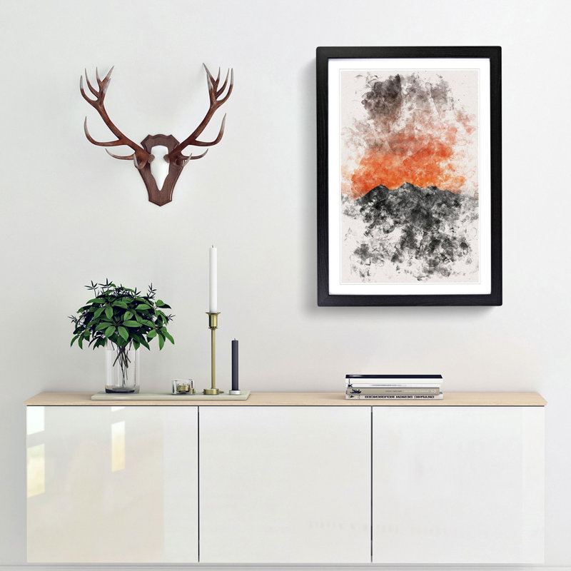Orange Sky Above Mountains in Italy - Picture Frame Painting Print, 87cm H x 62cm W x 2cm D, Black Framed