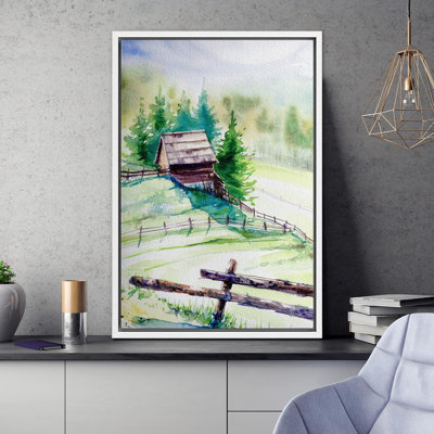 Paysage de forêt boisée «Spring Log Cabin Farm Pastel Forest» sur toile