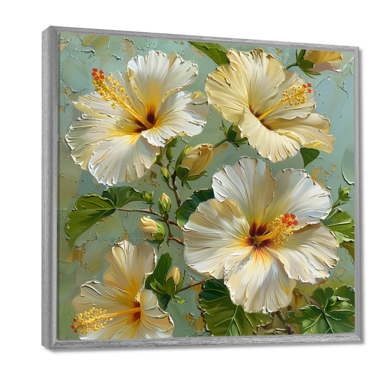 Hibiscus blanc et vert, Toile argentée avec cadre flottant, H 30 po x l 30 po x P 1 po