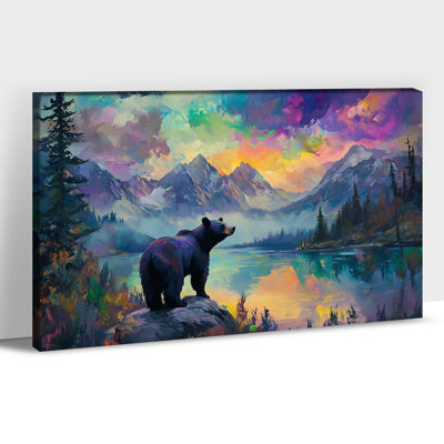Grand ours, art mural avec un grizzly et un lac de montagne, impressions sur toile d'animaux de la nature, forêt rustique, peinture, affiche prête à accrocher pour le salon, décorations pour la maison, 24 po x 36 po
