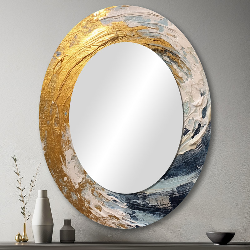 Nébuleuse spirale dorée et bleue - Miroir décoratif ovale abstrait sur métal, 43 po x 33 po