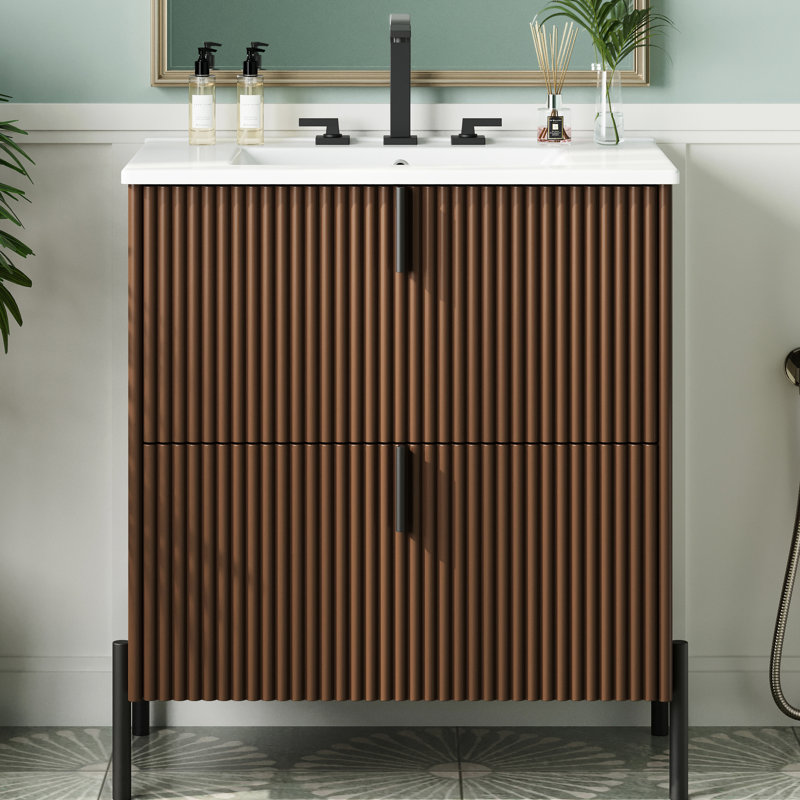 Meuble-lavabo en céramique brun foncé de 30 po, tiroirs à extension, fonction de fermeture en douceur, conception cannelée artisanale pour salle de bain de luxe brun avec lavabo, mécanisme,