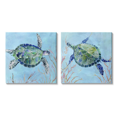 " Abstract Blue Green Sea Turtles Deep Sea Coral " by Carol Robinson 2 - Pieces