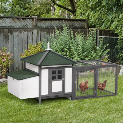 77" Gray Wooden Chicken Coop With Nesting Compartment, Removable Dung Bin Tray, Ramp Run, Garden Backyard Hen Area,