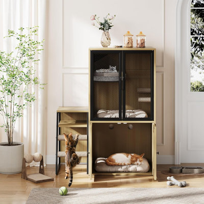 All-in-One Cat Litter Box Furniture Enclosure w/ Hammock & Scratching Posts, Magnetic Door Cat Toilet, Wooden Dual Hidden Litter Box w/ Multi-Level Platform