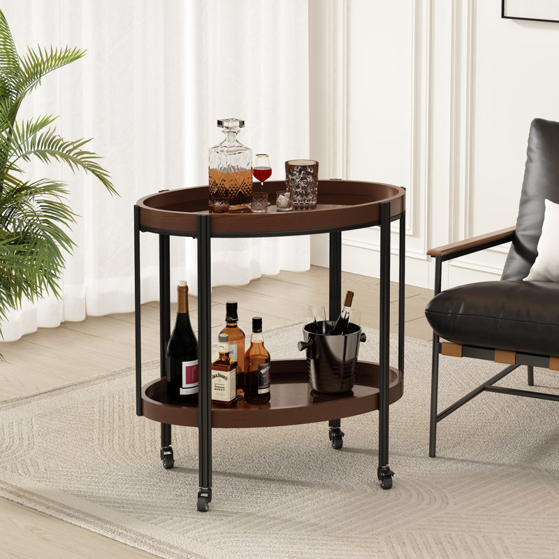 Ashgrove Modern Rustic Oval 2-Shelf Bar Cart With Tempered Glass, Dark Walnut/Black