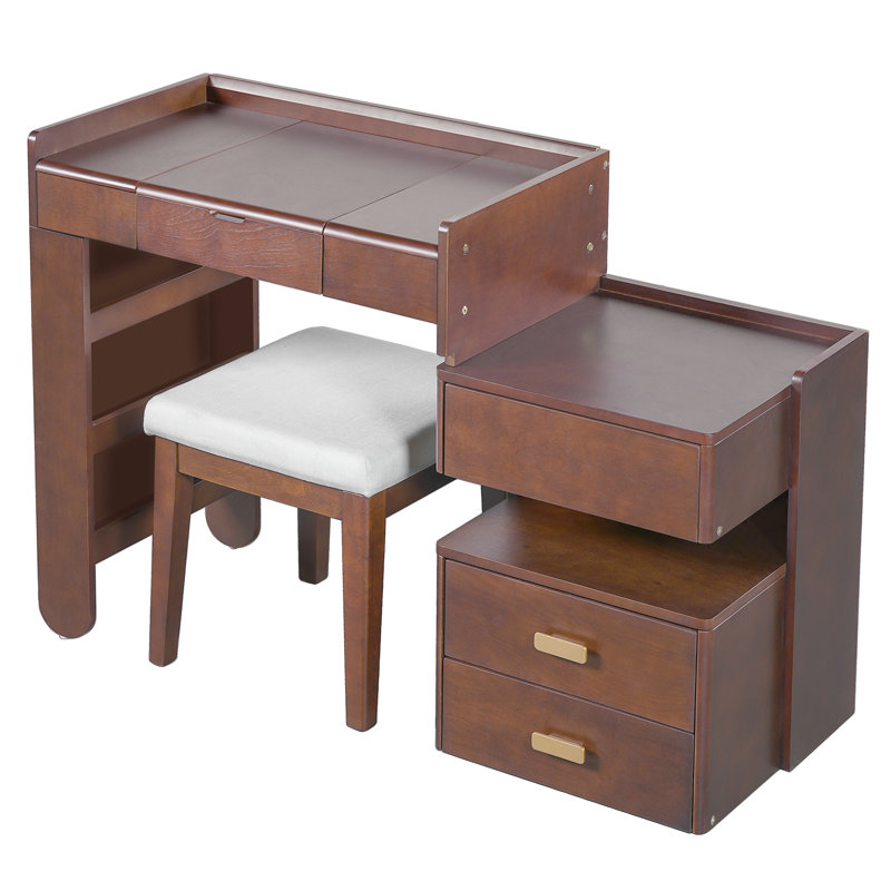 Coiffeuse en noyer 31 avec miroir caché, éclairage à DEL 3 couleurs et rangement rétractable pour l'organisation à domicile