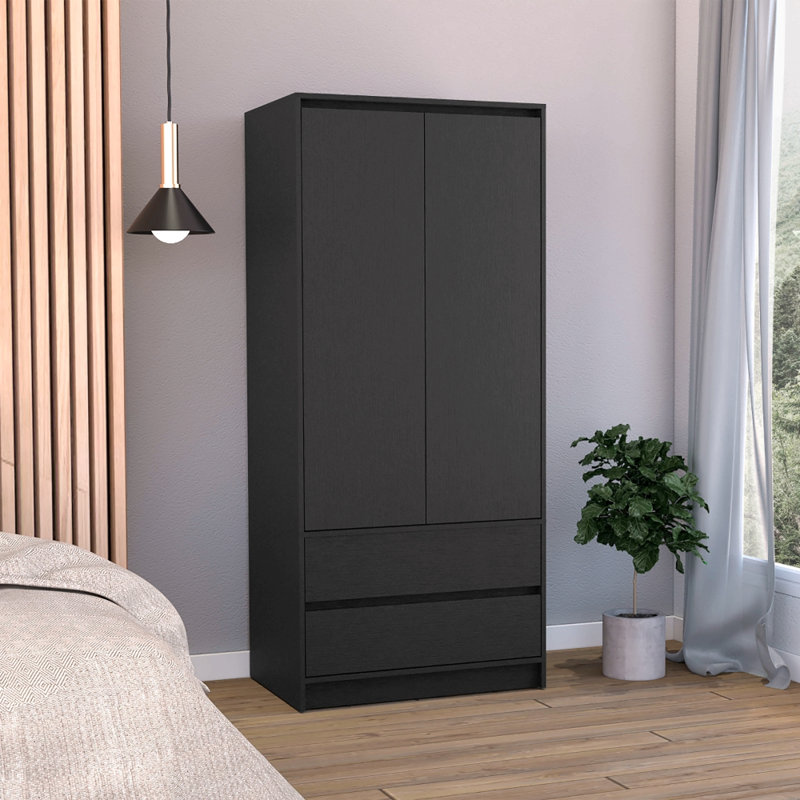 Armoire 2 tiroirs, porte double, tringle, Noir