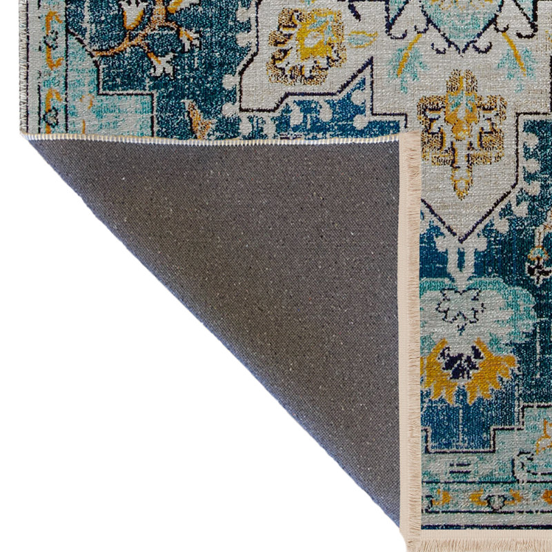 Tapis décoratif bleu à motif floral, Rectangle 3 pi 9,81 po x 4 pi 11,06 po