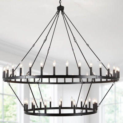 Neiges 54 - Light 60" Two Tier Large Farmhouse Rustic Candle Style Wagon Wheel Chandelier