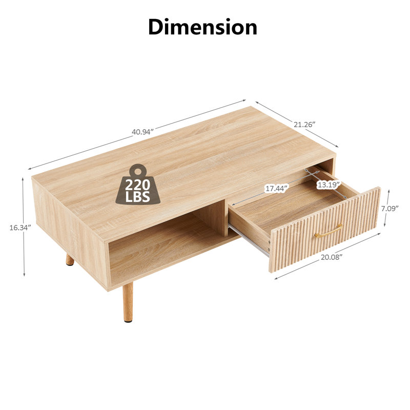 Boho Rectangle Coffee Table with Solid Wood Legs & Sliding Storage Drawer, Modern Living Room or Office Center Table, Natural