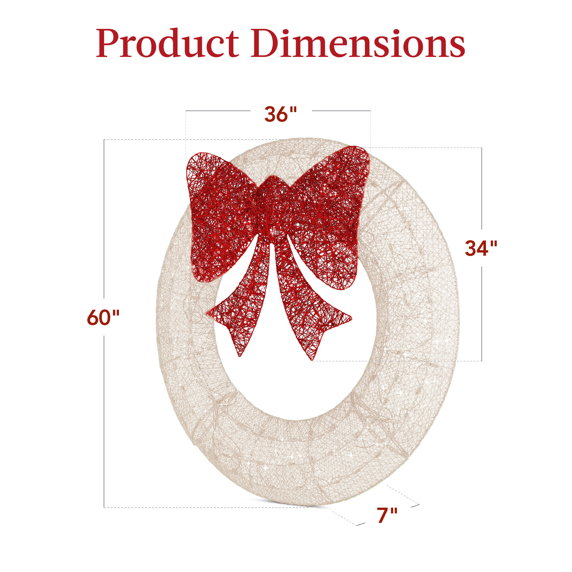 The Holiday Aisle® Pre-Lit Outdoor Wreath, LED Metal Holiday Decor w/ Bow, White, 60" H x 60" W x 7" D