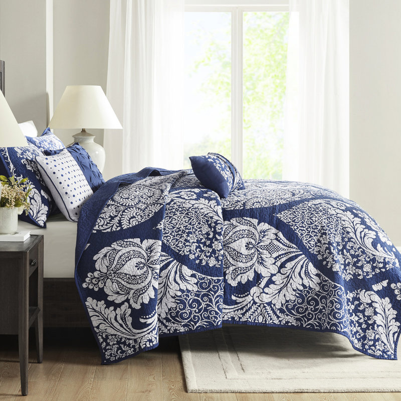 Courtepointe très grand / très grand, coton 6 pièces, coton indigo avec coussins décoratifs et texturé, Indigo