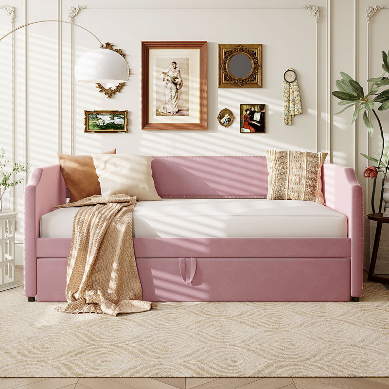Twin Size Velvet Upholstered Daybed with Pop Up Trundle, Pink, Pink