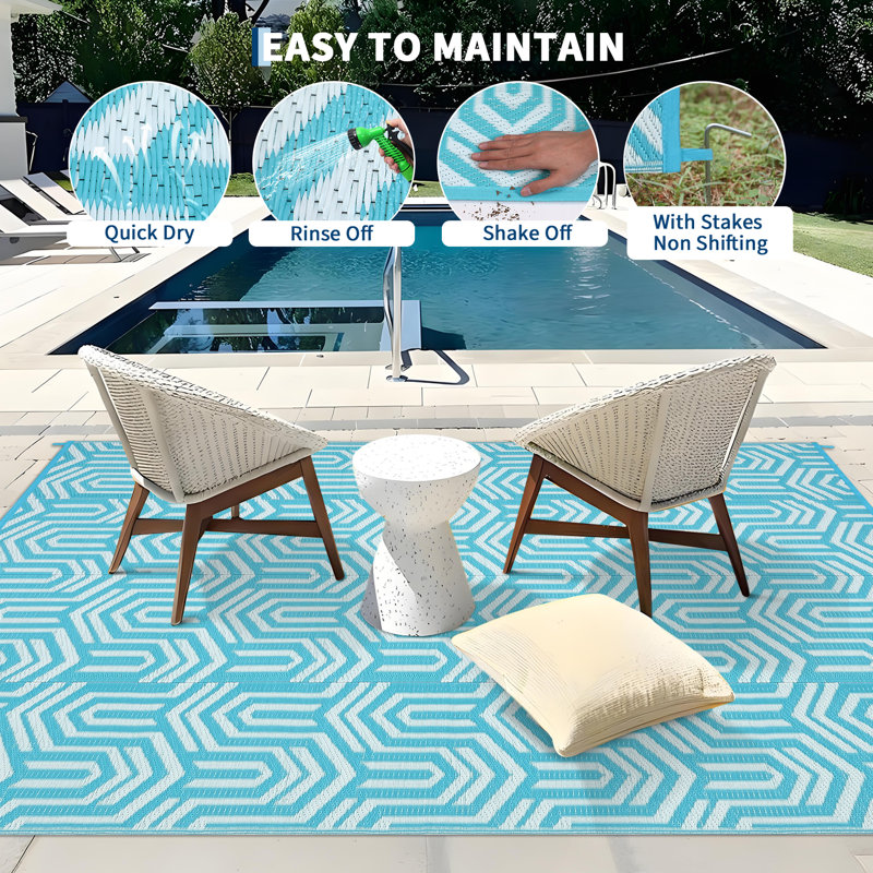 Reversible & Collapsible Outdoor Plastic Area Rug - Modern Abstract Low-Pile Carpet, Mark Resistant, Easy Clean for Patio, Camping, Picnic, RV
