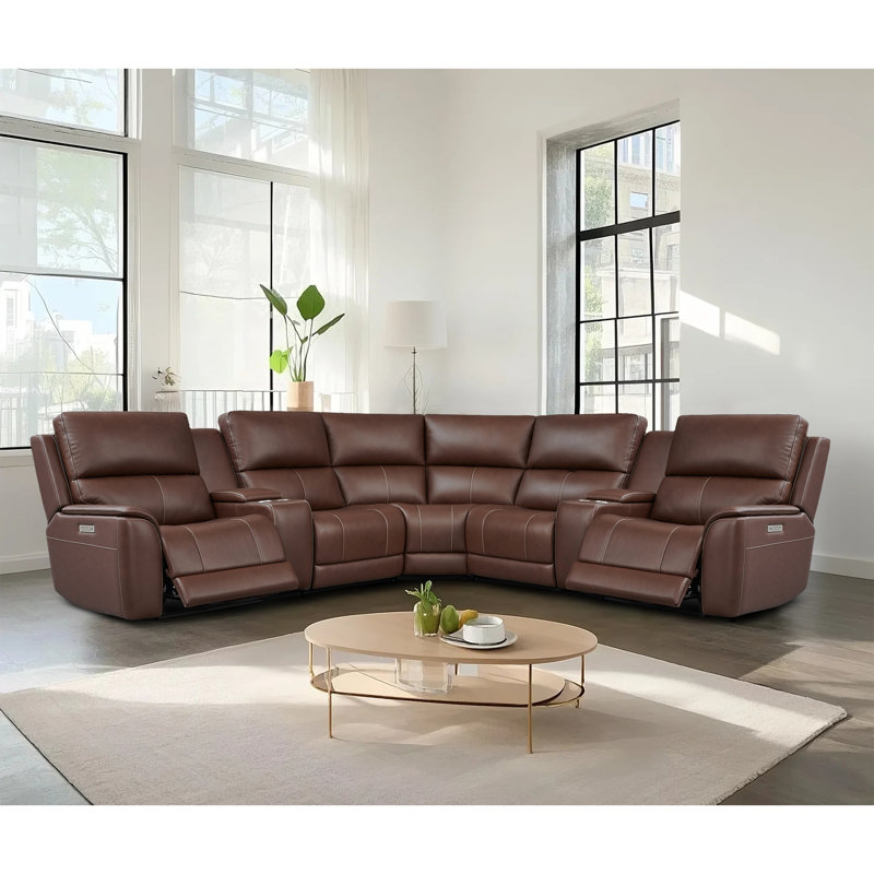 Canapé modulaire inclinable en cuir de 136 po de large, 2 fauteuils inclinables électriques, consoles, soutien lombaire et appui-tête réglables