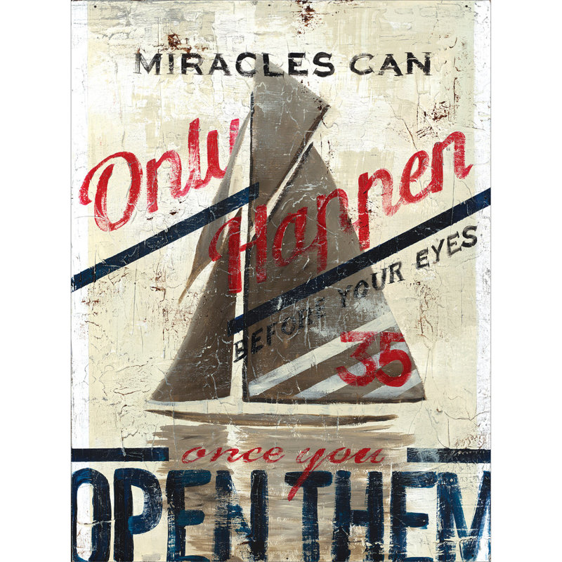 « miracles » par rodney’s, affiche rétro blanche sur toile tendue, H 40 po x l 30 po x P 1,5 po