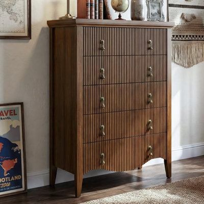 Avenall 5-drawer Dresser With Fluted Design, Mid-century Modern Tall Chest Of Drawers, Vintage Farmhouse Storage Cabinet For Bedroom And Hallway, Scalloped Base, Walnut
