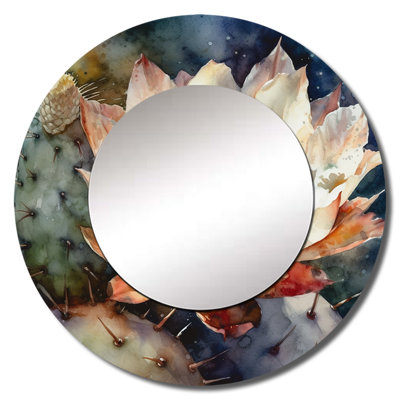 Penthea White Blue Cactus Flower - Cactus Decorative Wall Mirror, White Round Mirror, Printed Metal Art