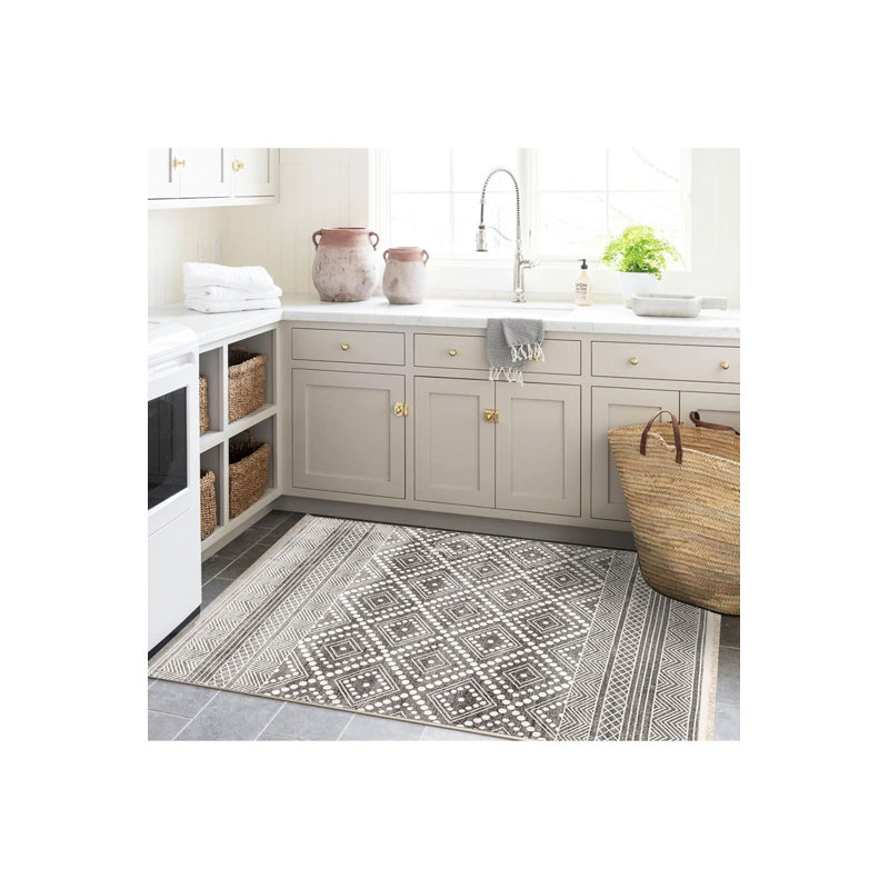 Tapis décoratif moderne gris tissé à la machine lavable à la machine, Tapis de couloir 3 pi 3 po x 6 pi 7 po