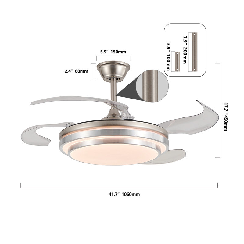 42 Inch Modern Led Ceiling Fan With Light And Remote Control, Retractable Blades, Adjustable 6-Speed, Silent Operation Dc Motor For Living Room, Bedroom, Dining Room