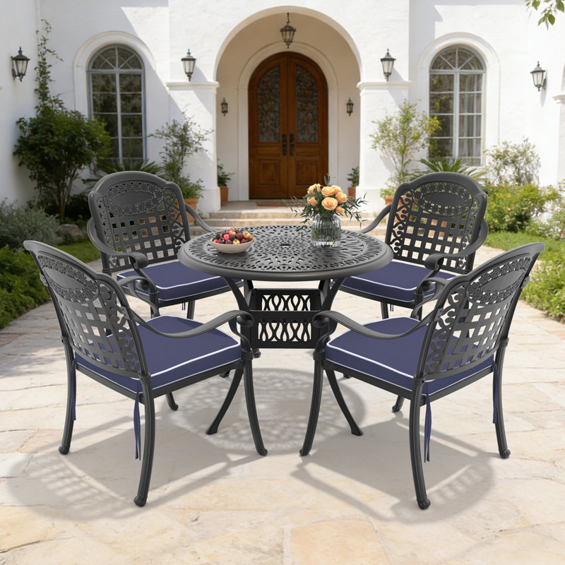 Round 4-Seater Outdoor Patio Dining Set, Backyard Garden Furniture with Blue Cushions, 5 Pieces: Table, 4 Chairs